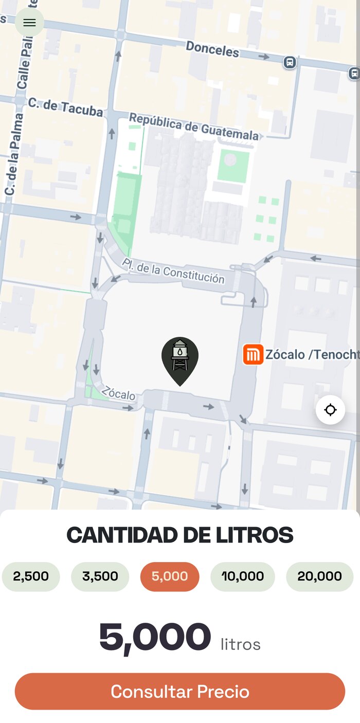 La app de Zaseva mostrando el mapa de entrega y la selección de litros
